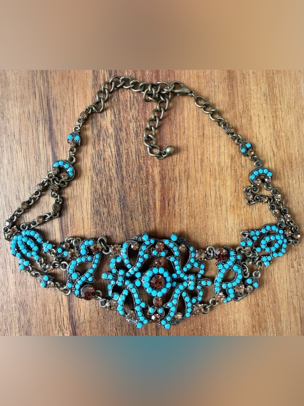 Rhinestone Faux Turquoise and Bronze Necklace Chocker Prom Floral